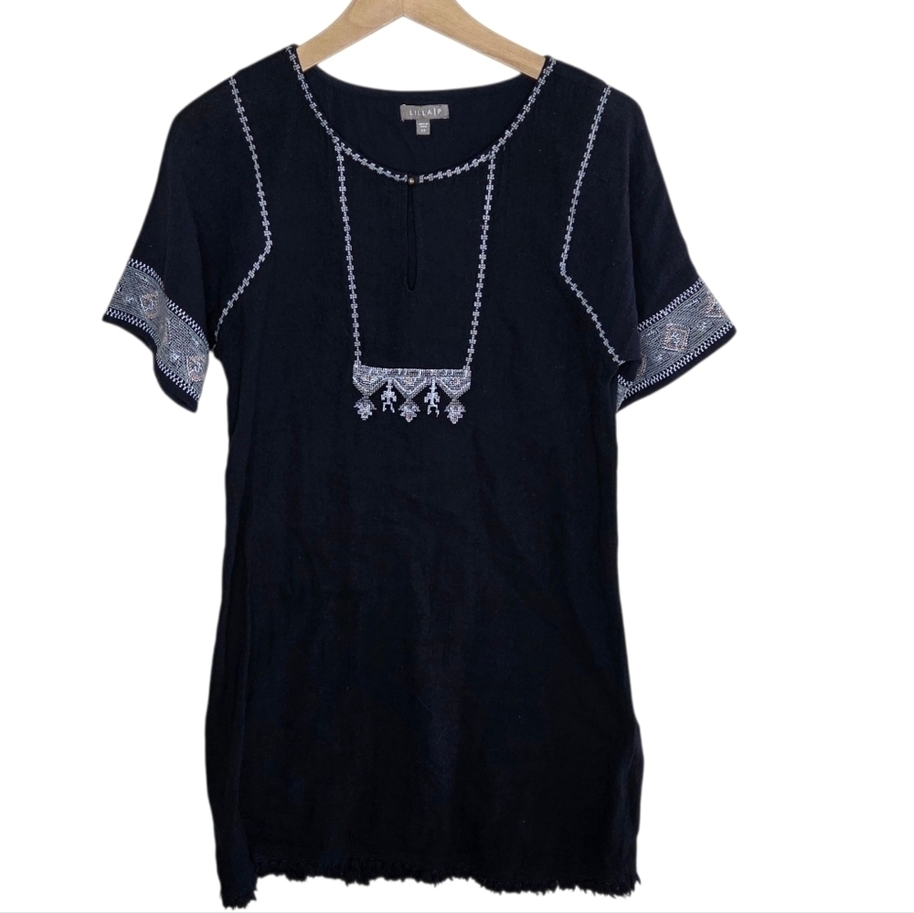 Lilla P | Black Embroidered 100% Cotton Shift Dress Size XS